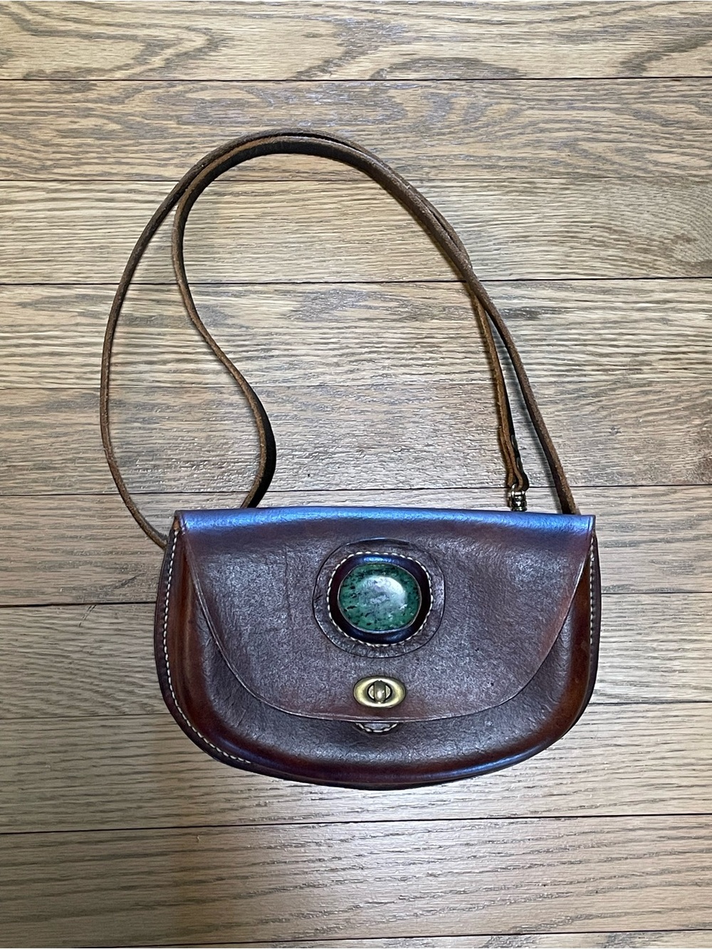 Handcrafted Artisan Leather Saddle Crossbody Shoulder Bag w/ Ruby Zoisite Stone